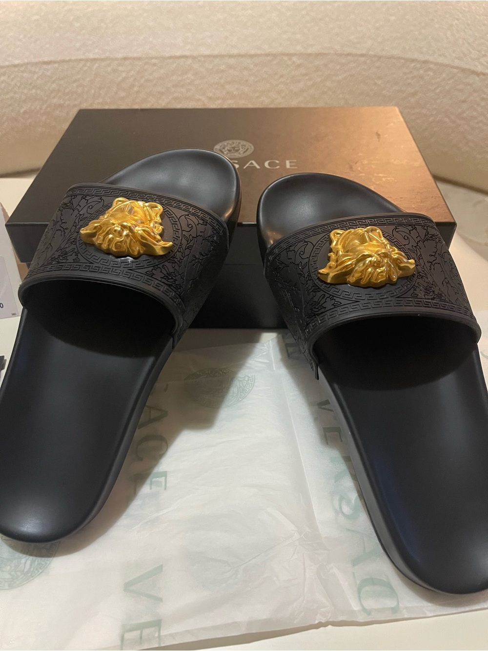 Versace Black Slides with Gold Medusa Accent